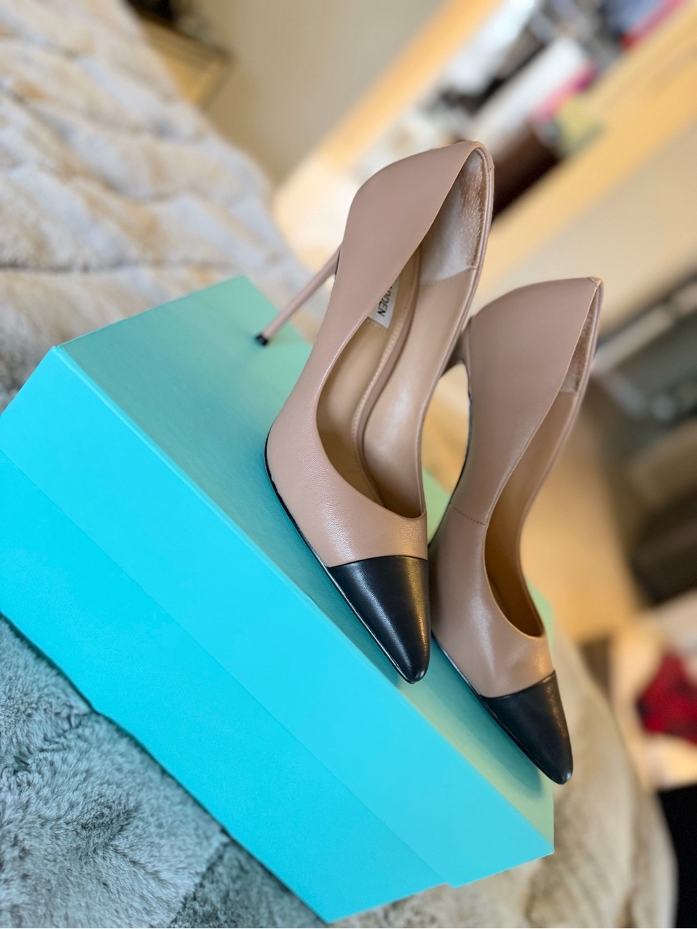 Steve Madden Two-Tone Nude and Black Pointed Toe Stilettos